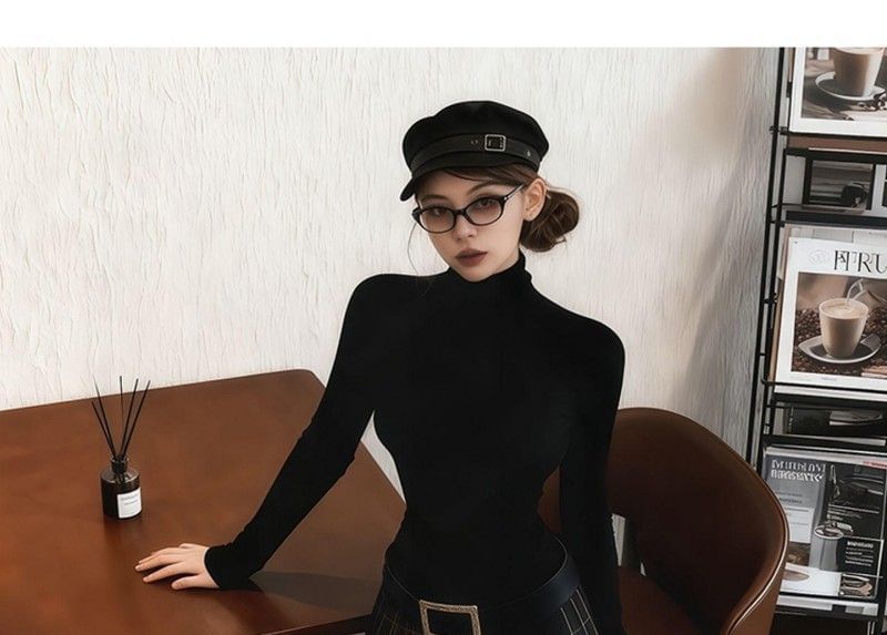 Turtleneck Tee and Plaid Mini Skirt with Belt Set