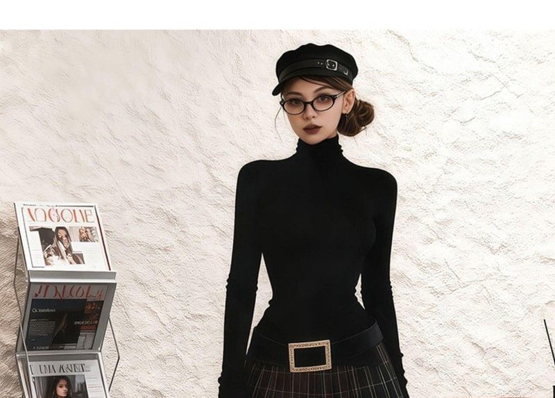 Turtleneck Tee and Plaid Mini Skirt with Belt Set