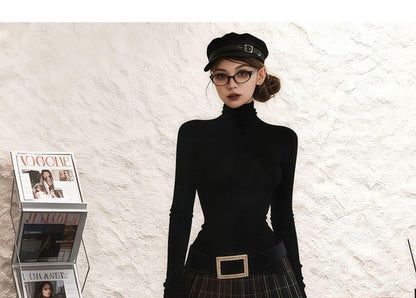 Turtleneck Tee and Plaid Mini Skirt with Belt Set