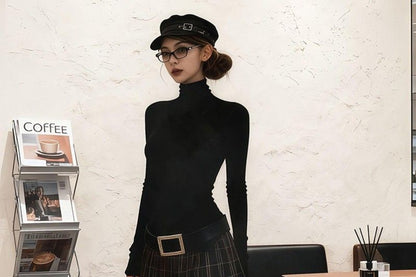 Turtleneck Tee and Plaid Mini Skirt with Belt Set