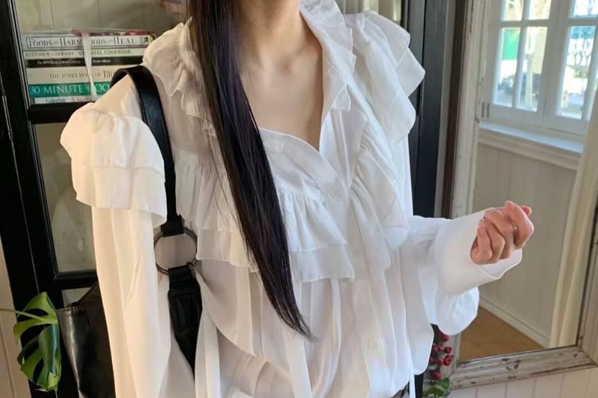 Ruffled Trim V-Neck Long-Sleeve Blouse