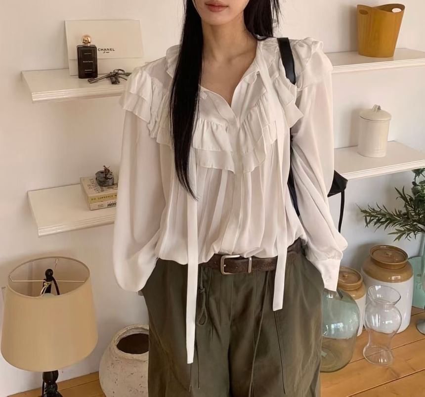 Ruffled Trim V-Neck Long-Sleeve Blouse
