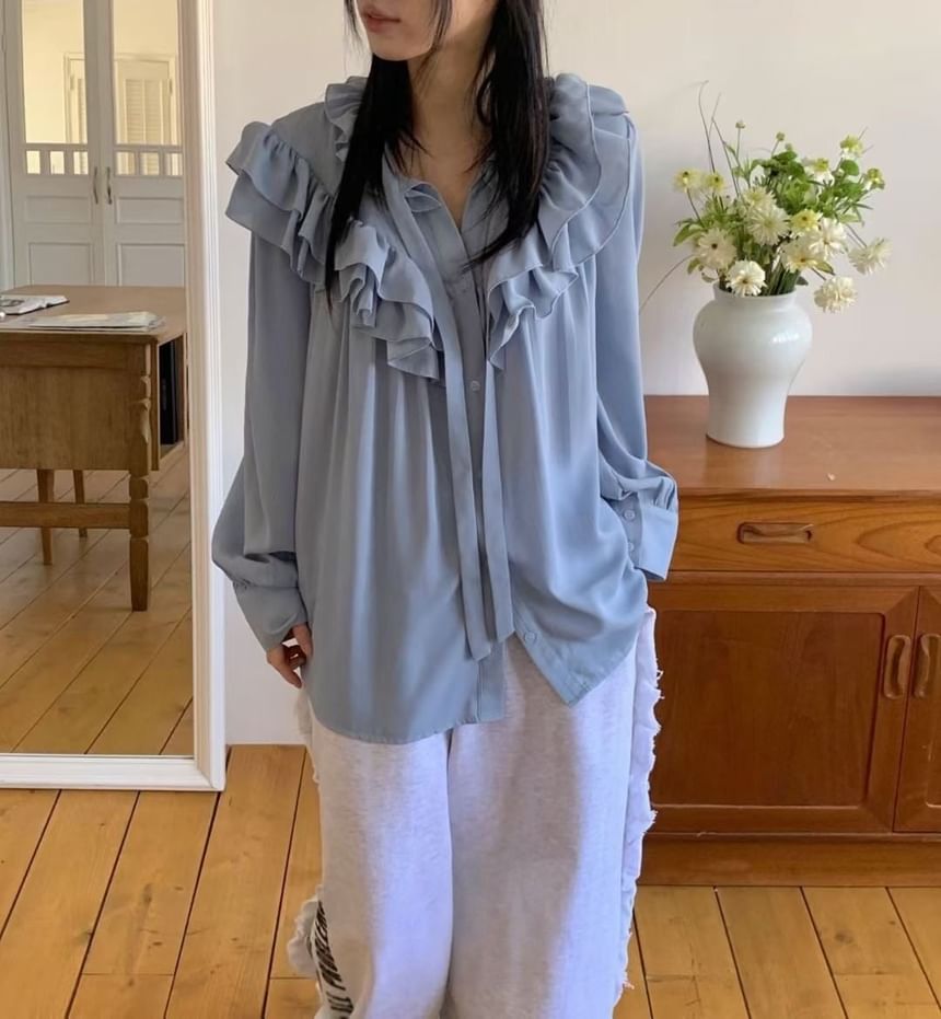Ruffled Trim V-Neck Long-Sleeve Blouse
