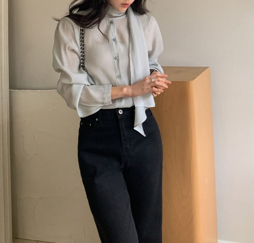 Tie-Neck Long-Sleeve Button-Front Blouse