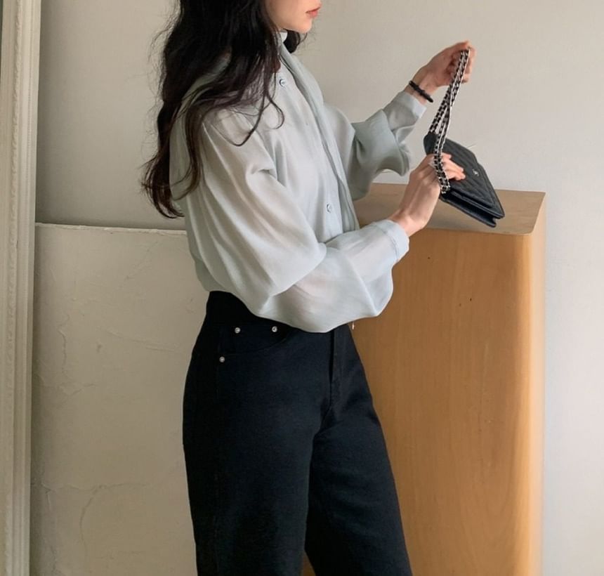 Tie-Neck Long-Sleeve Button-Front Blouse