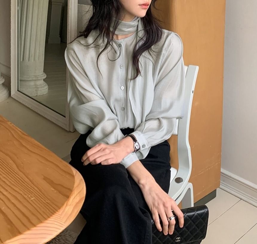 Tie-Neck Long-Sleeve Button-Front Blouse
