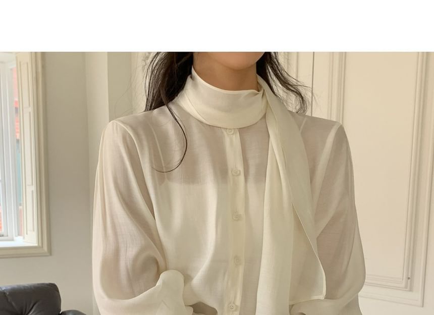 Tie-Neck Long-Sleeve Button-Front Blouse
