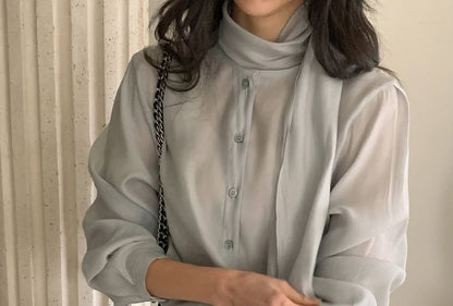 Tie-Neck Long-Sleeve Button-Front Blouse