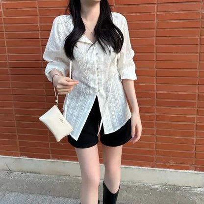 V-Neck Long-Sleeve Button-Down Shirt