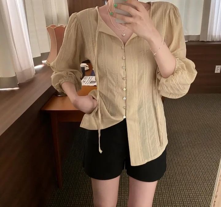 V-Neck Long-Sleeve Button-Down Shirt