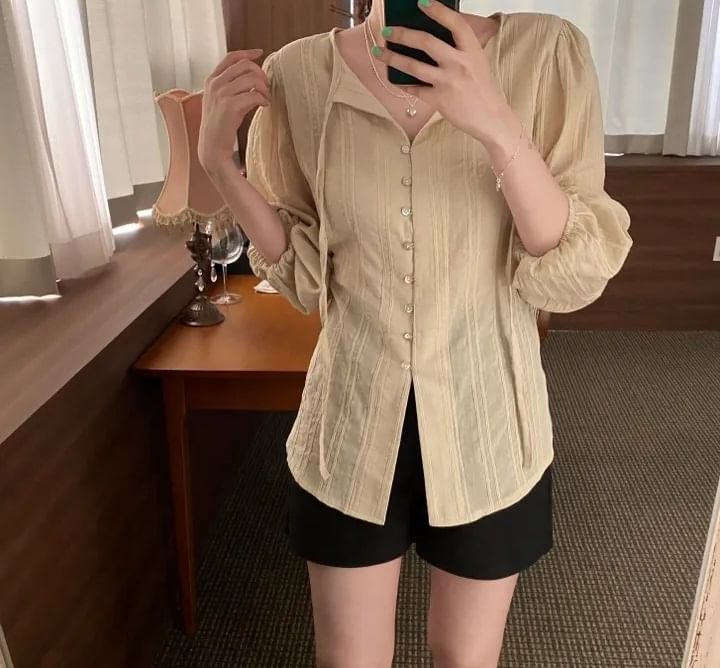 V-Neck Long-Sleeve Button-Down Shirt