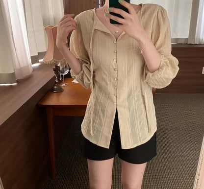 V-Neck Long-Sleeve Button-Down Shirt