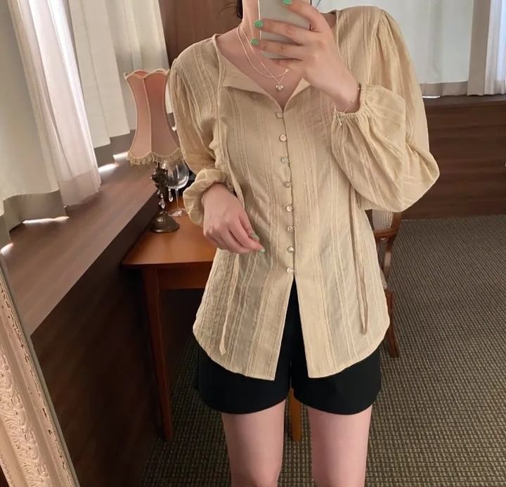 V-Neck Long-Sleeve Button-Down Shirt