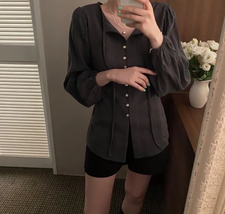 V-Neck Long-Sleeve Button-Down Shirt
