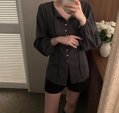 V-Neck Long-Sleeve Button-Down Shirt