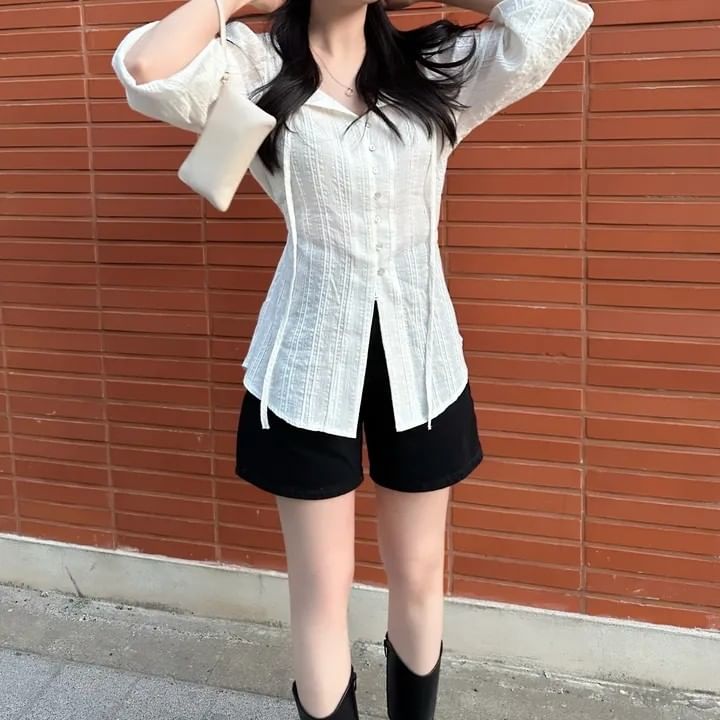V-Neck Long-Sleeve Button-Down Shirt