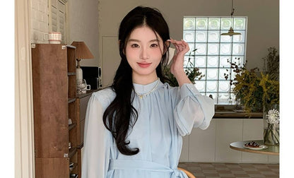 Maternity Tie-Waist Blouse with Stand Collar & A-Line Skirt Set