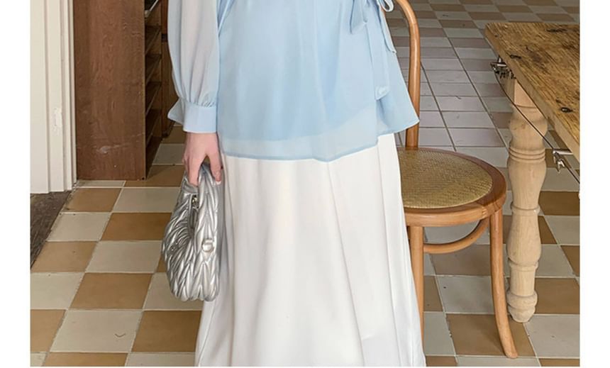 Maternity Tie-Waist Blouse with Stand Collar & A-Line Skirt Set