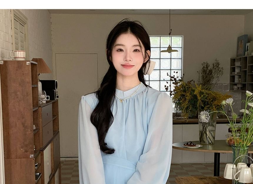 Maternity Tie-Waist Blouse with Stand Collar & A-Line Skirt Set