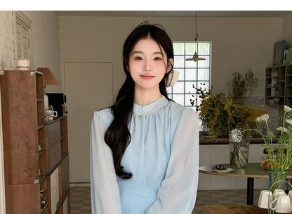 Maternity Tie-Waist Blouse with Stand Collar & A-Line Skirt Set