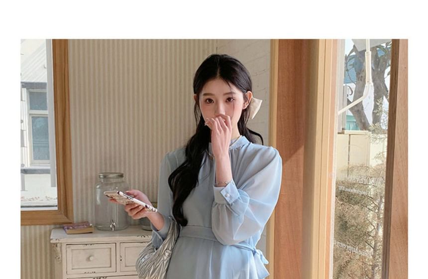 Maternity Tie-Waist Blouse with Stand Collar & A-Line Skirt Set