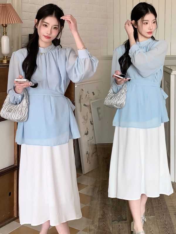 Maternity Tie-Waist Blouse with Stand Collar & A-Line Skirt Set