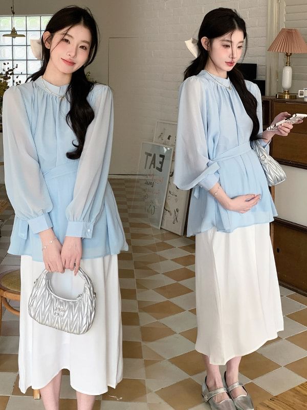 Maternity Tie-Waist Blouse with Stand Collar & A-Line Skirt Set
