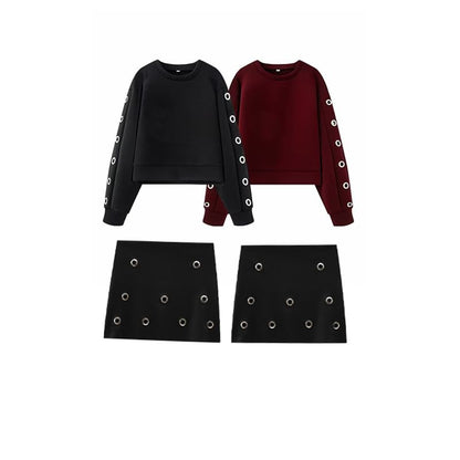 Round Neck Solid Grommet Sweatshirt / High Waist Mini A-Line Skirt