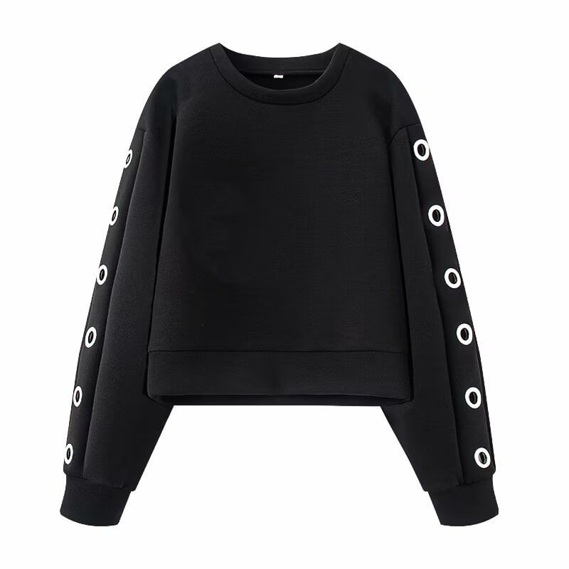 Round Neck Solid Grommet Sweatshirt / High Waist Mini A-Line Skirt