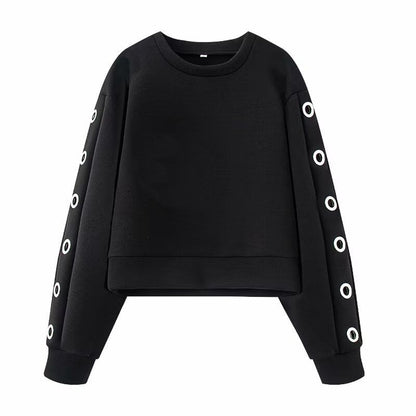 Round Neck Solid Grommet Sweatshirt / High Waist Mini A-Line Skirt