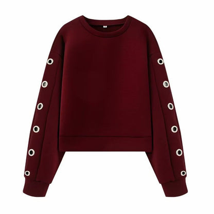 Round Neck Solid Grommet Sweatshirt / High Waist Mini A-Line Skirt