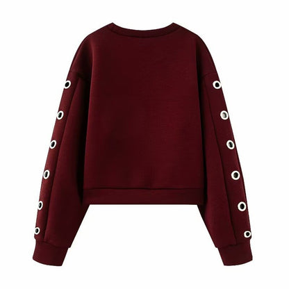 Round Neck Solid Grommet Sweatshirt / High Waist Mini A-Line Skirt