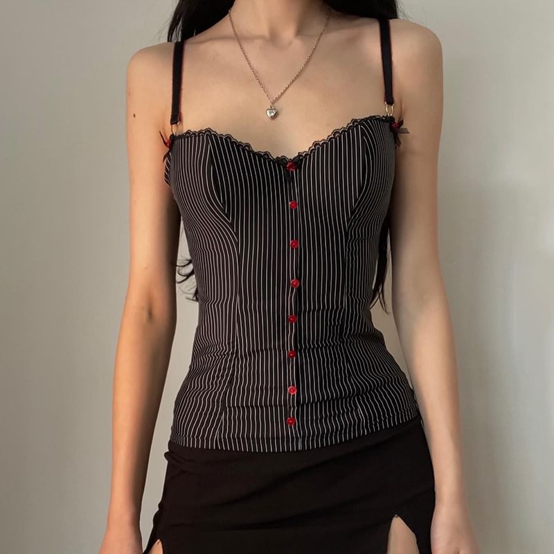 Striped Lace Trim Button-Up Camisole