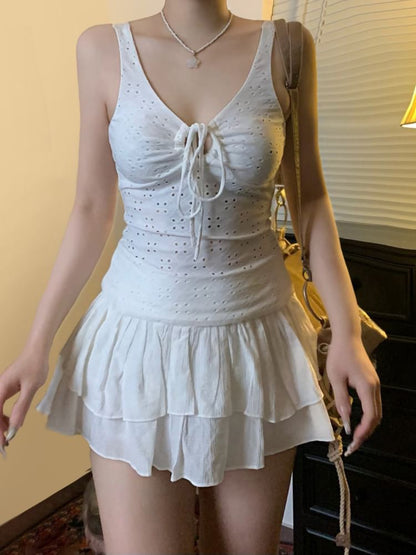 V-Neck Drawstring Eyelet Lace Tank Top
