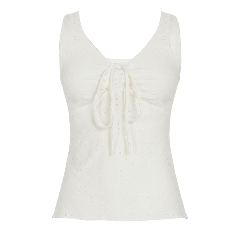 V-Neck Drawstring Eyelet Lace Tank Top