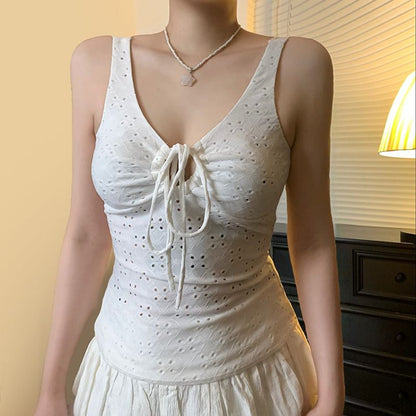 V-Neck Drawstring Eyelet Lace Tank Top