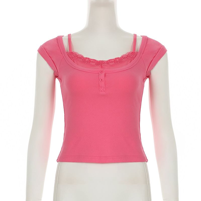Cap-Sleeve Lace Trim Henley Top