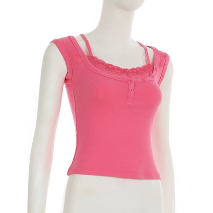 Cap-Sleeve Lace Trim Henley Top