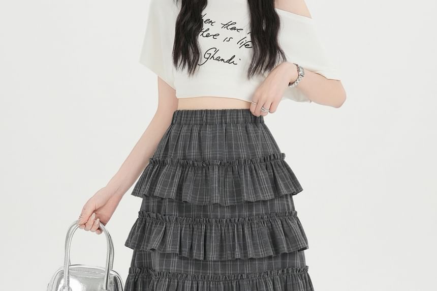 Plaid Ruffle Tiered Mini A-Line Skirt with High Waist