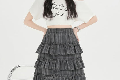 Plaid Ruffle Tiered Mini A-Line Skirt with High Waist