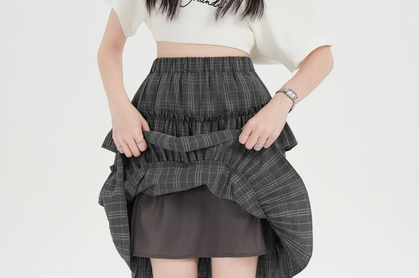 Plaid Ruffle Tiered Mini A-Line Skirt with High Waist