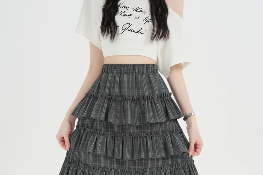 Plaid Ruffle Tiered Mini A-Line Skirt with High Waist