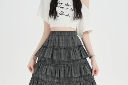 Plaid Ruffle Tiered Mini A-Line Skirt with High Waist