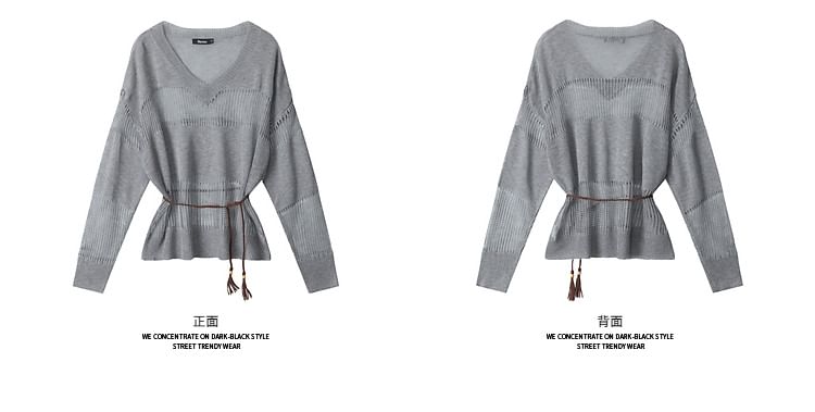 Belted V-Neck Sweatshirt with Sheer Panels