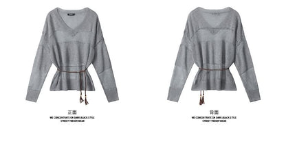 Belted V-Neck Sweatshirt with Sheer Panels