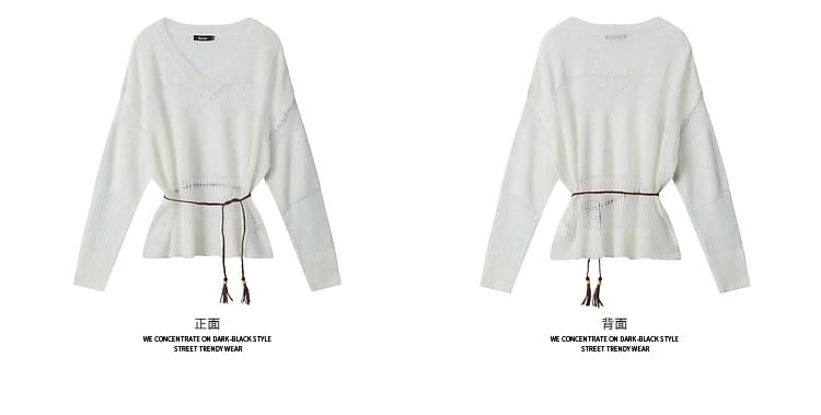 Belted V-Neck Sweatshirt with Sheer Panels