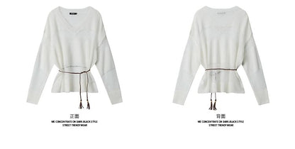 Belted V-Neck Sweatshirt with Sheer Panels