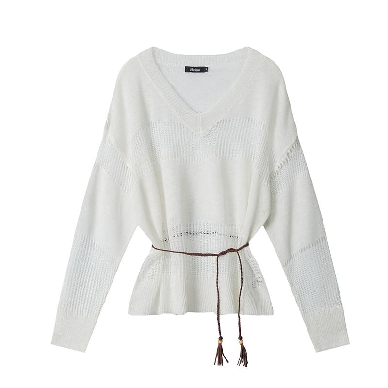 Belted V-Neck Sweatshirt with Sheer Panels