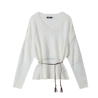 Belted V-Neck Sweatshirt with Sheer Panels