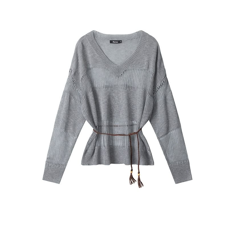 Belted V-Neck Sweatshirt with Sheer Panels